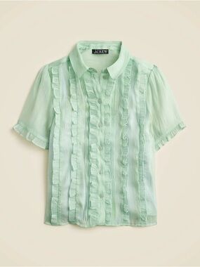 J. Crew Sheer Ruffle Button Up Blouse Green 2